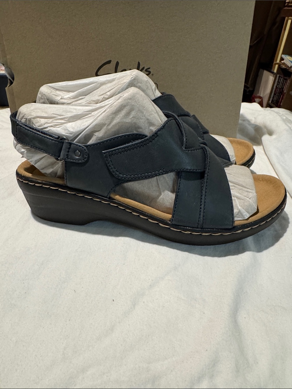 Clarks Navy Leather Crisscross Open-Toe Sandals - Picture 2 of 4